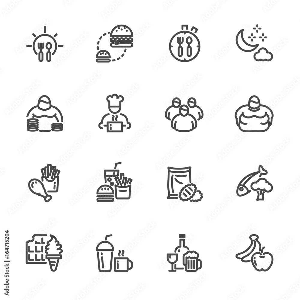 Obesity behavioral risk factors, Vector line icons set Obesity behavioral risk factors, Vector line icons set