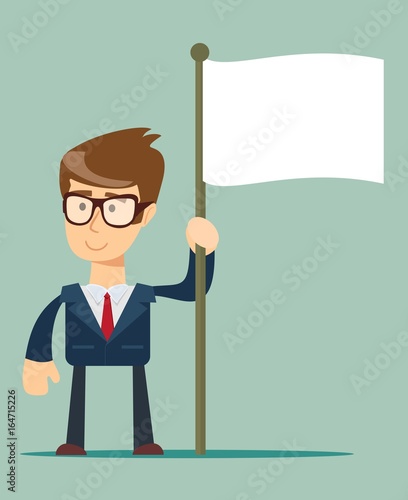 business and advertisement concept - smiling businessman holding flagpole with flag photo