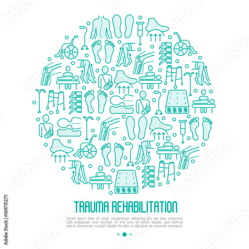 Orthopedic and trauma rehabilitation concept with thin line icons for web page or banner of clinics and medical centers. Vector illustration.