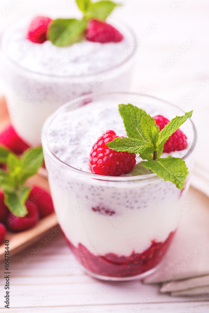 Raspberries chia pudding and fruit smoothie with mint Raspberries chia pudding and fruit smoothie with mint