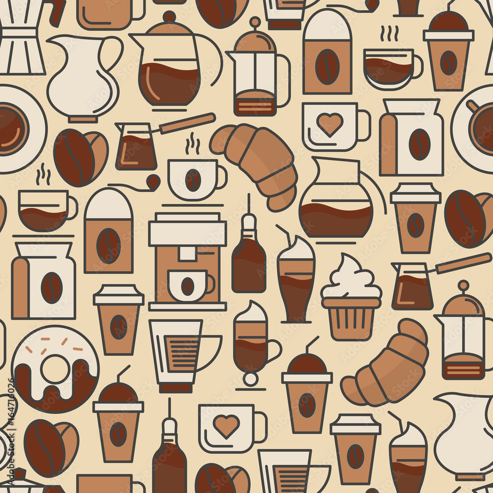 Coffee seamless pattern with thin line icons of equipment for cooking, coffee beans, croissants, cakes for shop, cafe, menu or web site. Vector illustration. Coffee seamless pattern with thin line icons of equipment for cooking, coffee beans, croissants, cakes for shop, cafe, menu or web site. Vector illustration.