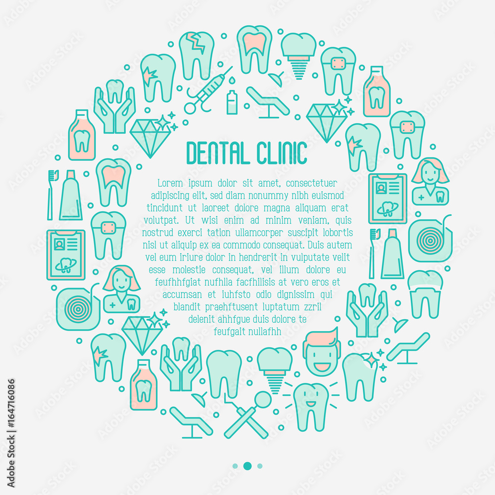Dental clinic concept with thin line icons related to teeth treatment, dental equipment, oral hygiene. Vector illustration for web page, banner.