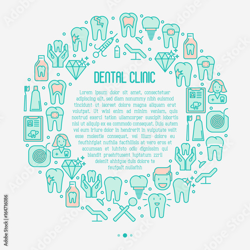 Dental clinic concept with thin line icons related to teeth treatment, dental equipment, oral hygiene. Vector illustration for web page, banner.