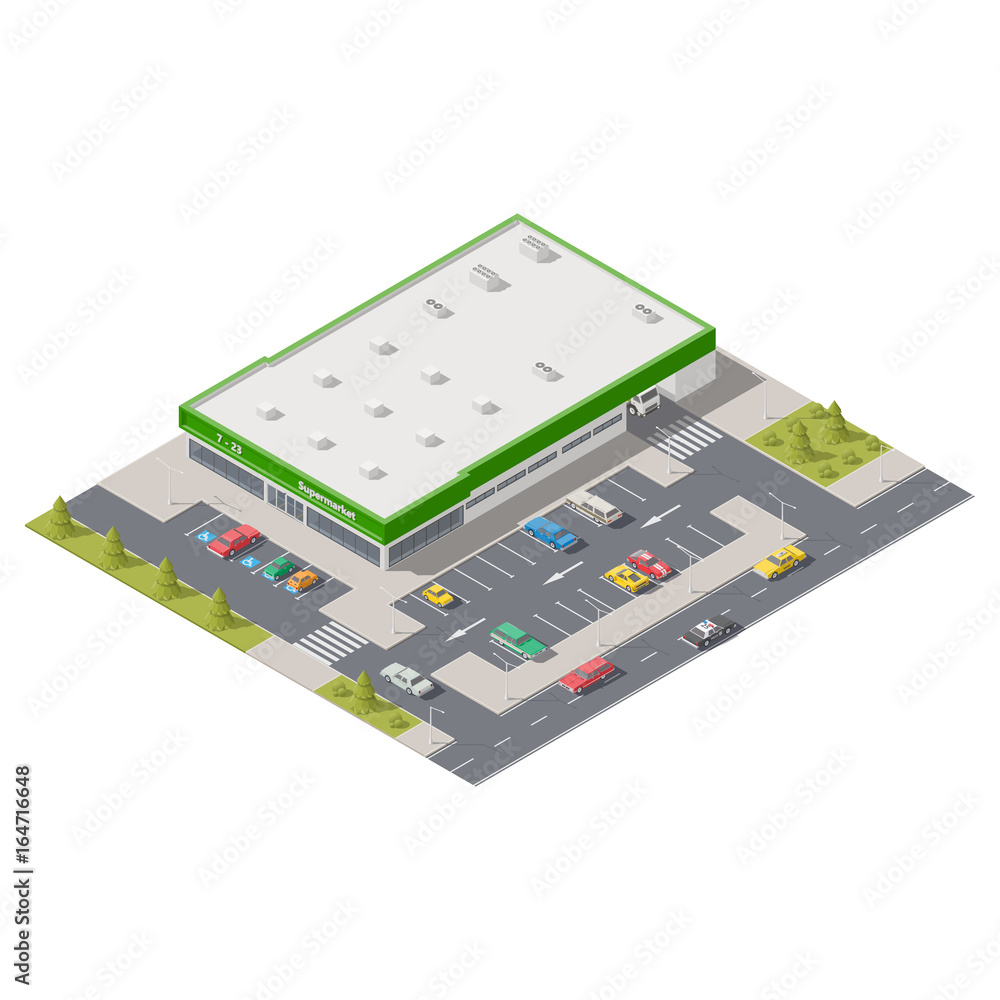 Element infographics representing a supermarket with parking located on a street