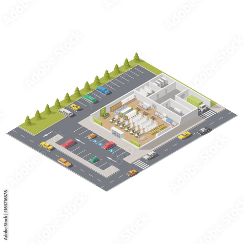 Element infographics representing supermarket in section with parking located on street
