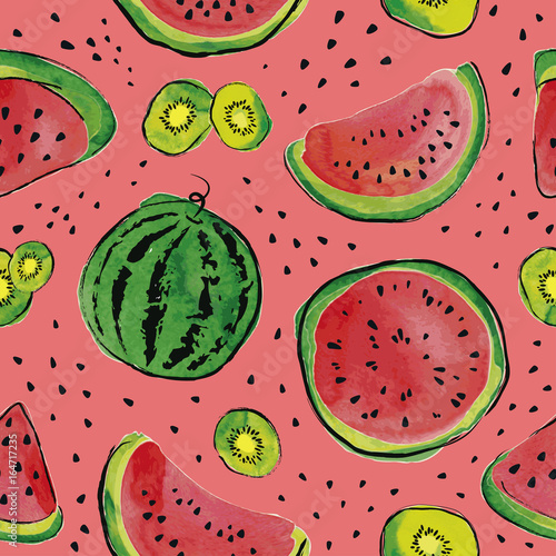 Summer seamless pattern with watermelon and kiwi fruit. Watercolor background.