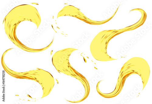 Oil splashing isolated on white background. Vector 3d illustration set. Realistic yellow liquid with drops
