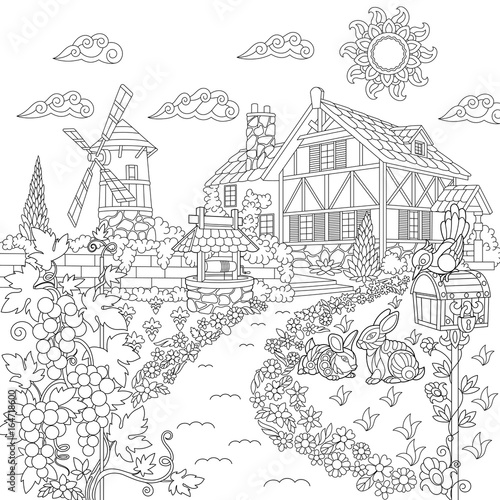 Download Coloring Book Page Of Rural Landscape Farm House Windmill Water Well Mail Box Rabbits Bird Grape Vines Freehand Drawing For Adult Antistress Colouring With Doodle And Zentangle Elements Stock Vector Adobe