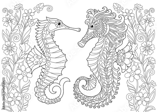 Coloring page of seahorse. Freehand sketch drawing for adult antistress colouring book with doodle and zentangle elements.