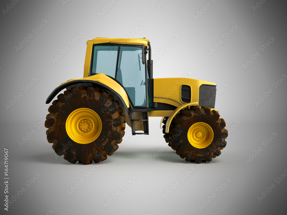 Tractor yellow 3d render on gray background