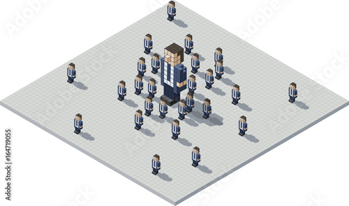 A cartoon illustration of a pixel business boss surrounded by a bunch of cloned minions