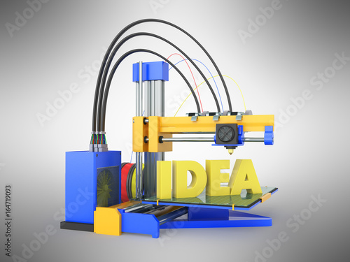 3d printer idea front yellow blue 3d rendering on gray background