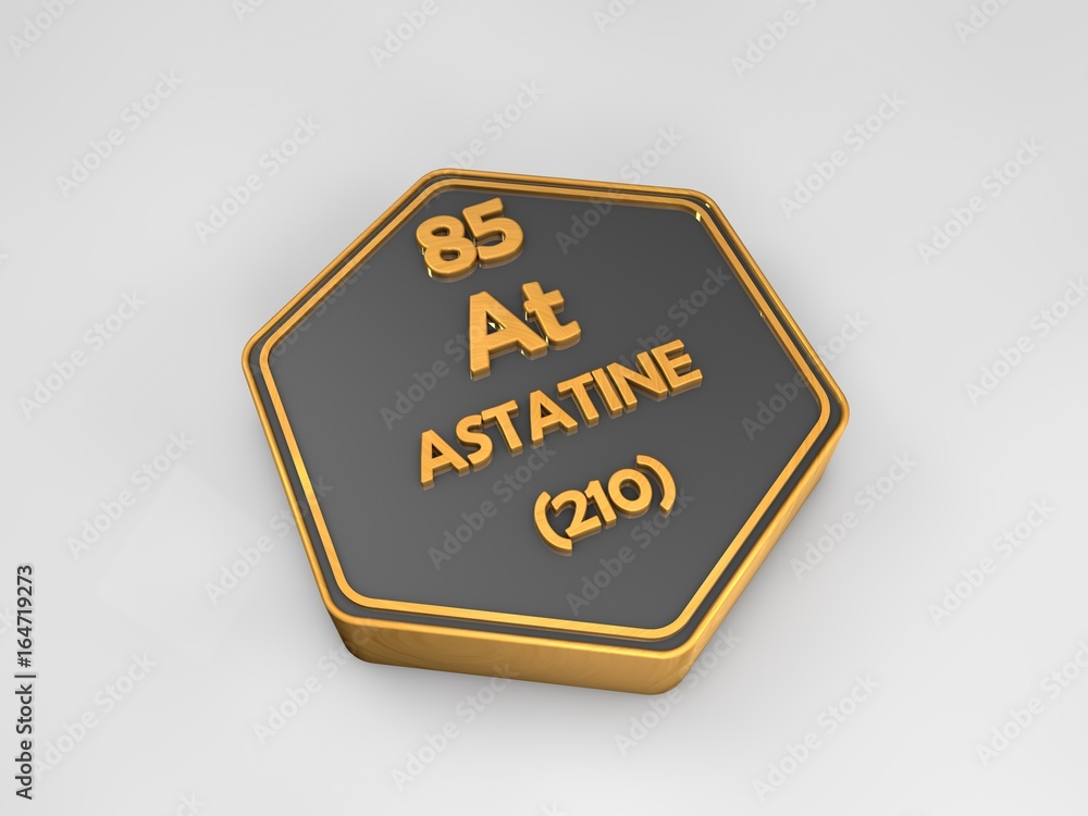 Astatine - At - chemical element periodic table hexagonal shape 3d render