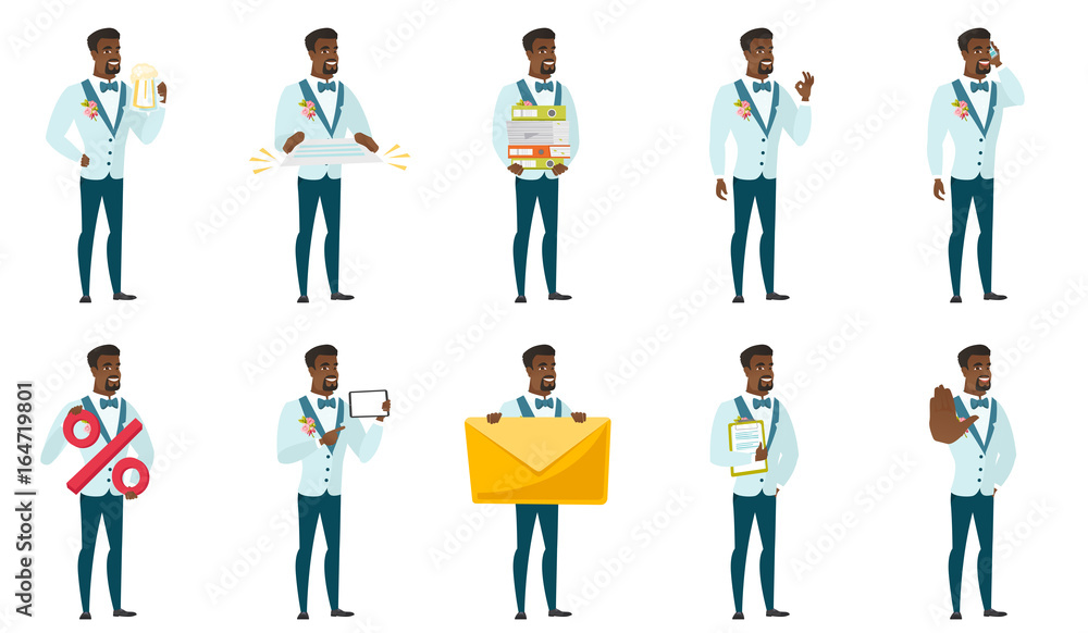 Vector set of illustrations with groom character. Vector set of illustrations with groom character.