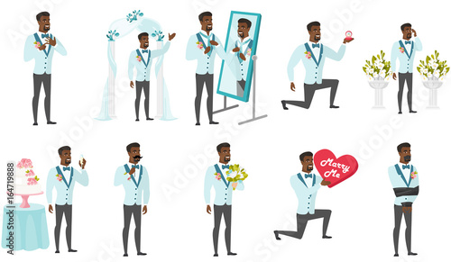 African-american groom vector illustrations set.