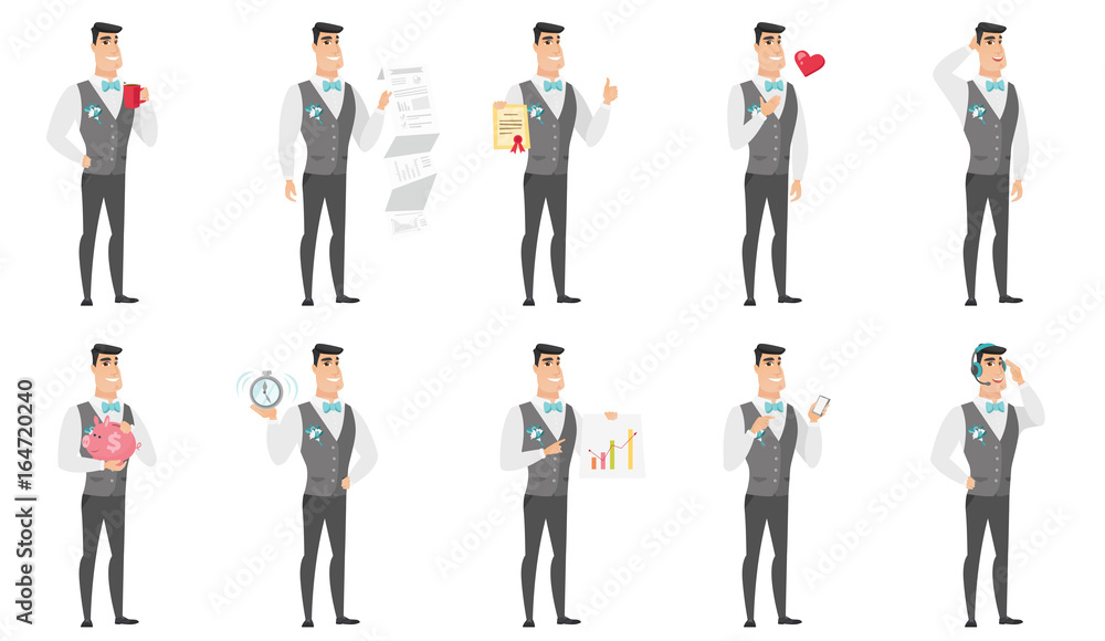 Vector set of illustrations with groom character. Vector set of illustrations with groom character.