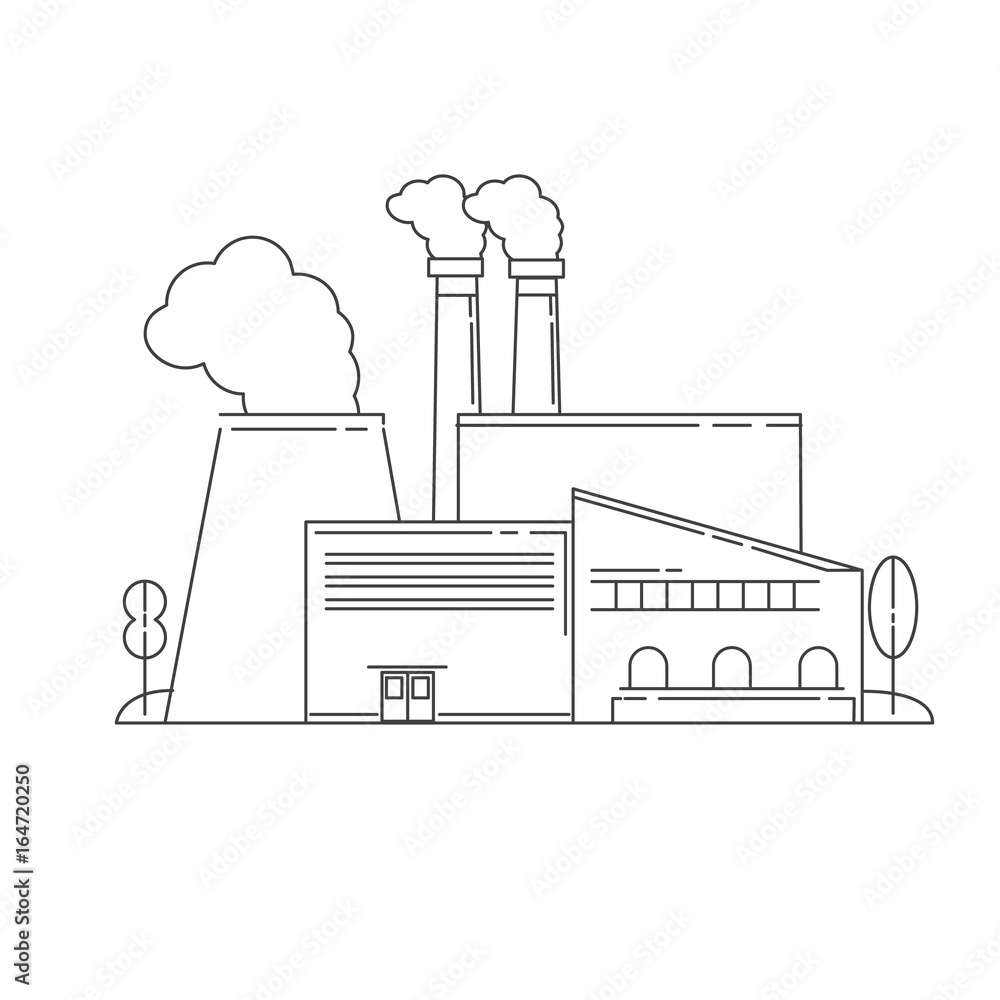 Vector linear an icon with the plant Industrial factory in flat style.Plant or Factory Building.Manufacturing factory building. industrial building concept.Eco style factory.City landscape