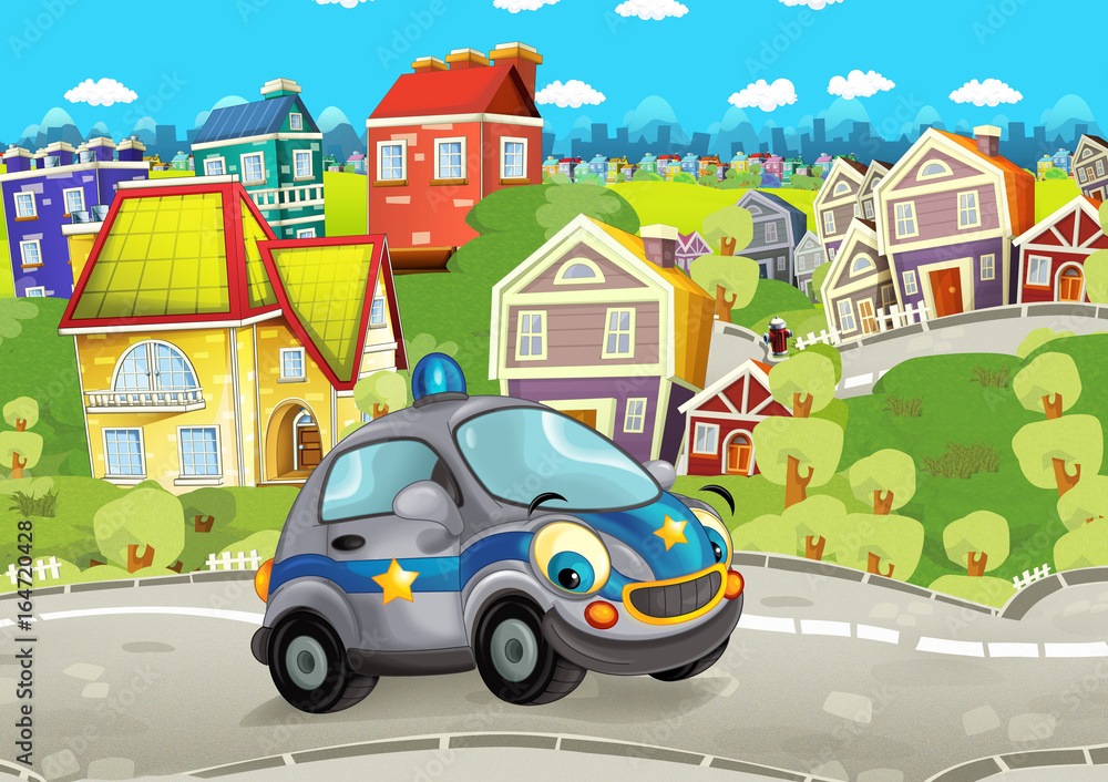 Cartoon police car smiling and driving through the city - illustration for children