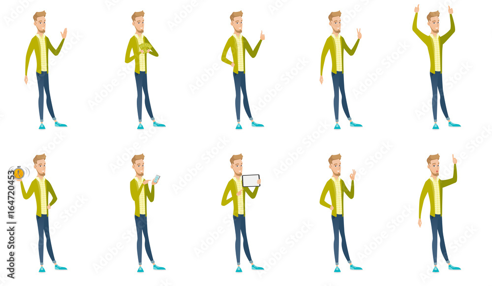 Fototapeta premium Caucasian businessman vector illustrations set.