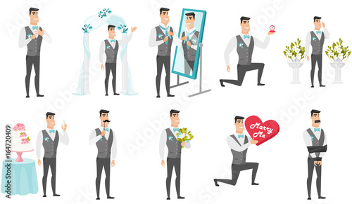 Young caucasian groom vector illustrations set.