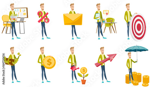 Caucasian businessman vector illustrations set.