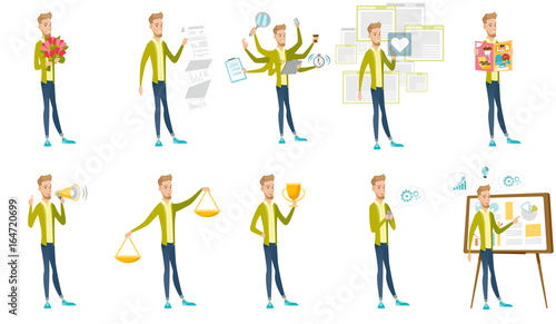Caucasian businessman vector illustrations set.