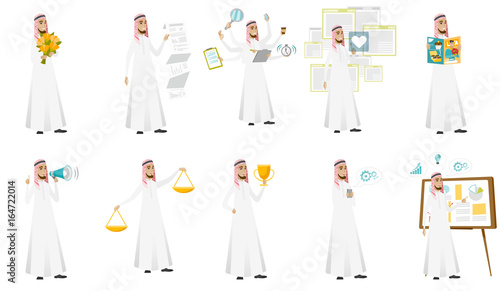 Muslim businessman vector illustrations set.