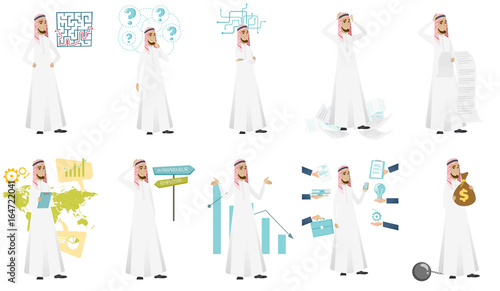 Muslim businessman vector illustrations set.