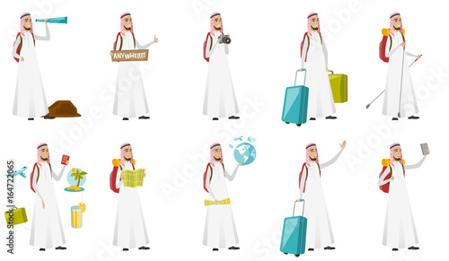 Young muslim traveler man vector illustrations set