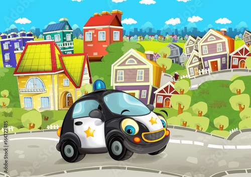 Cartoon police car smiling and driving through the city - illustration for children