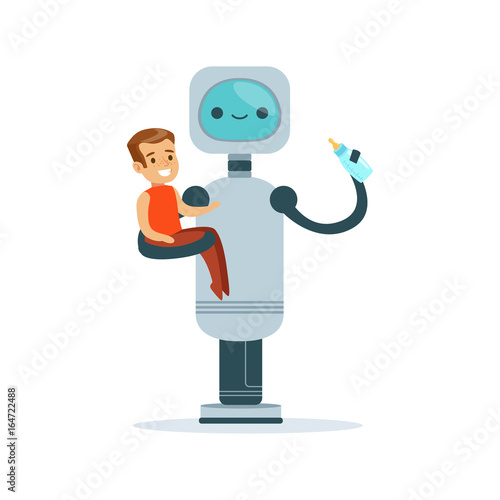 Housemaid baby sitter robot with child vector Illustration