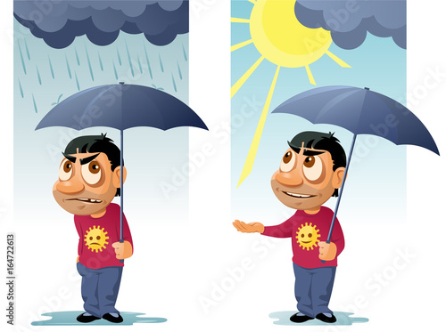 Funny man with umbrella. The rain was over and the sun came out from behind the clouds. Cartoon styled vector illustration. Elements is grouped. No transparent objects.