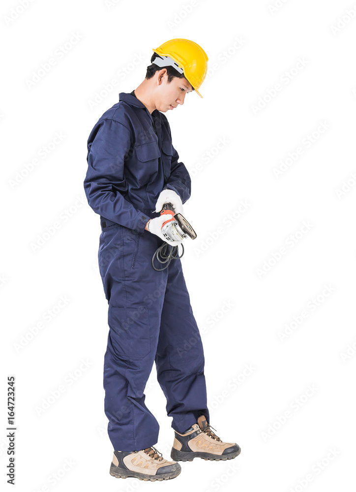 Naklejka premium Young handyman in uniform hold grinder