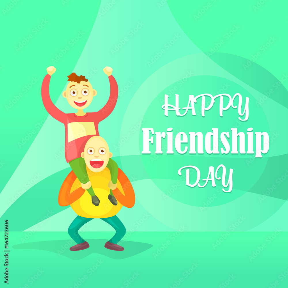 Card to the day of friendship. Flat composition, young guys one on one's shoulders, a crazy trick isolated on abstract background. Cartoon style. . Card to the day of friendship. Flat composition, young guys one on one's shoulders, a crazy trick isolated on abstract background. Cartoon style. .