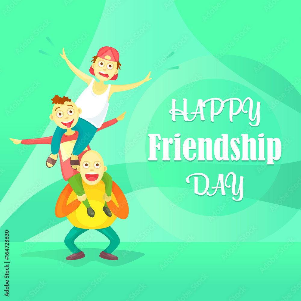 Card to the day of friendship. Flat composition, young guys one on one's shoulders, a crazy trick. Cartoon style.. Card to the day of friendship. Flat composition, young guys one on one's shoulders, a crazy trick. Cartoon style..