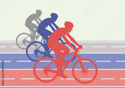 A colorful poster with the silhouettes of bikers, cyclists on the road. Bicycle poses. Competitions, marathon, sport. Three athletes. Vector illustration AI10.