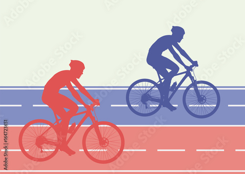 A colorful poster with the silhouettes of bikers, cyclists on the road. Bicycle poses. Competitions, marathon, sport. Two athletes. Vector illustration AI10.