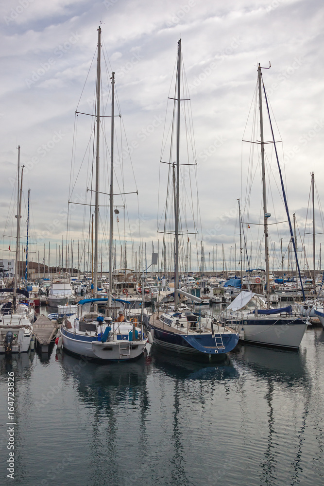 Picturesque yachts in harbor of Lanzarote island, Canary Islands, Spain