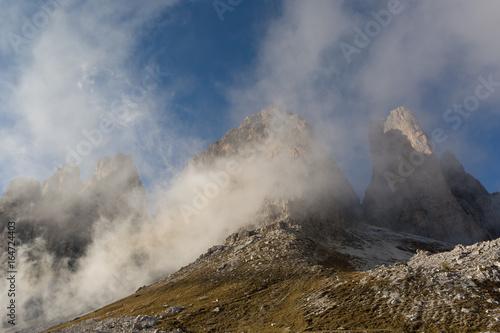 Dolomite Alps, mountain tops in the clouds