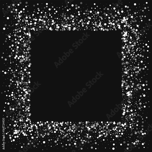 Random falling white dots. Square messy frame with random falling white dots on black background. Vector illustration.