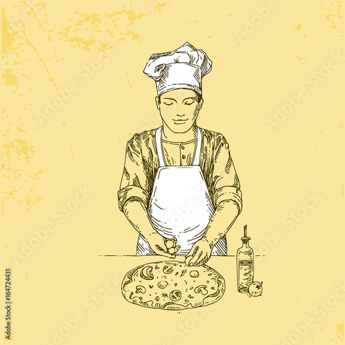 Cook prepares a pizza.Vintage style. Vector illustration.