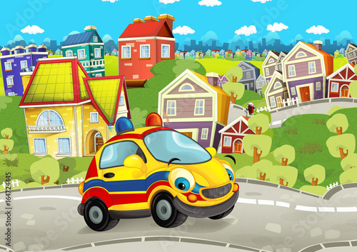 Cartoon ambulance car smiling and looking in the parking lot - illustration for children © honeyflavour
