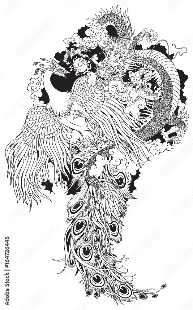 Chinese dragon and phoenix feng huang playing with a pearl ball . Black and  white tattoo illustration Stock Vector | Adobe Stock