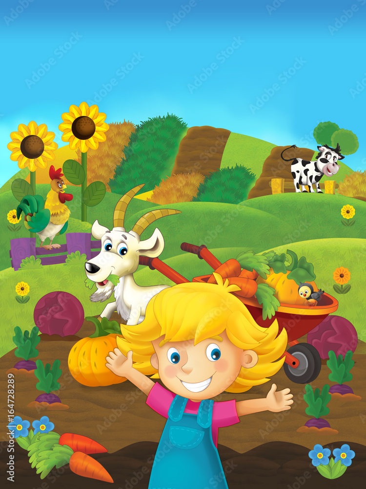 Fototapeta premium cartoon scene of girl on the farm - standing and smiling / illustration for children