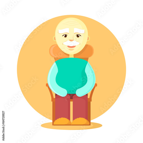 An elderly man, a gray-haired pensioner with a mustache, sits in a chair. Resting, cartoon style, flat..