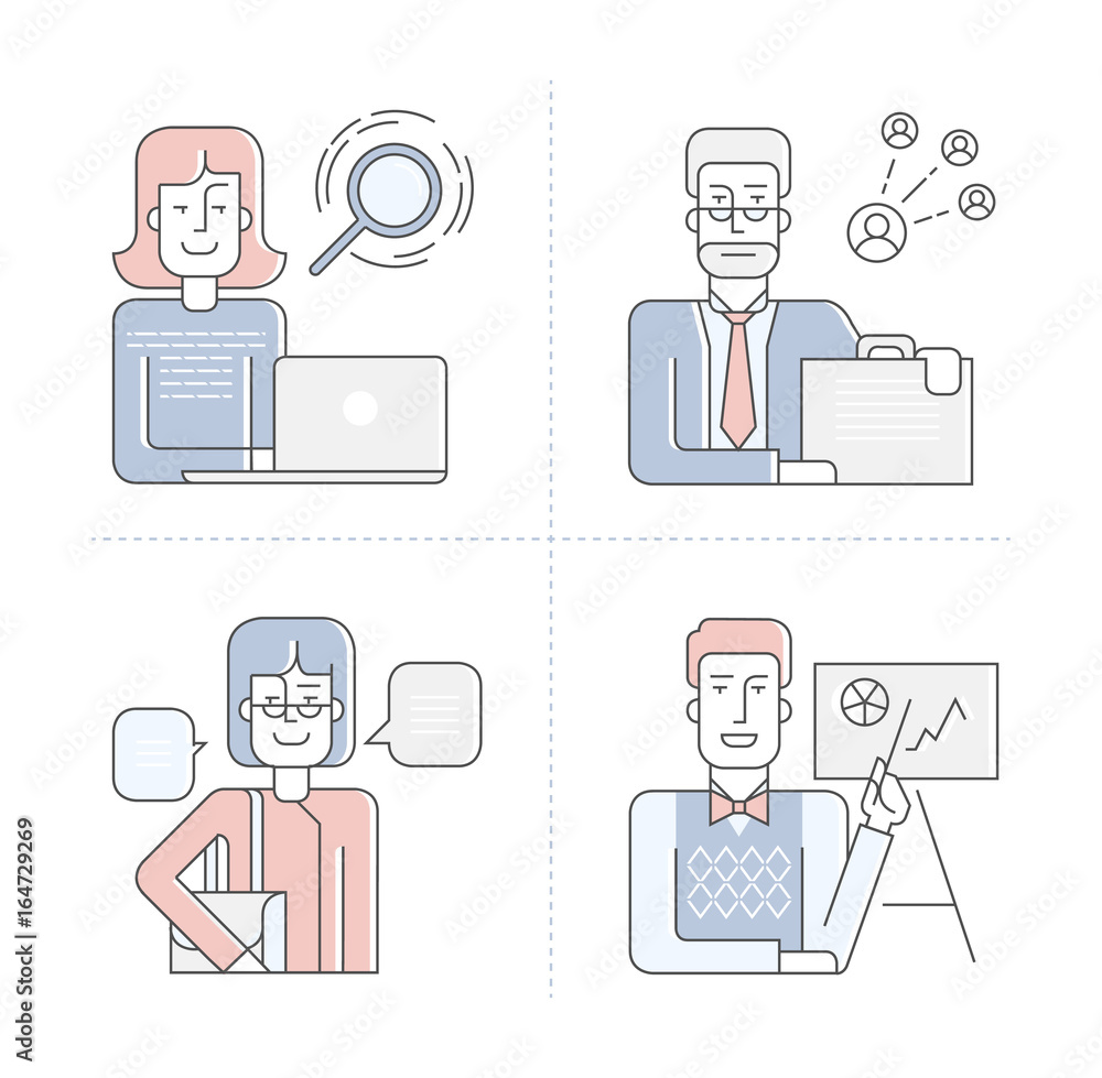 Vector illustration in linear flat style. Outline characters of businessmen, businesswoman, hr manager with infographic elements