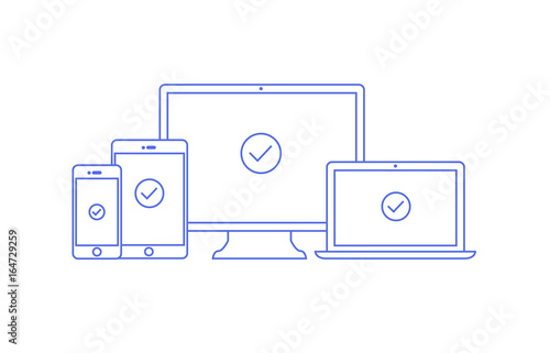 Vector linear illustration of four devices for responsive web programming. Computer laptop tablet and phone in outline flat style photo