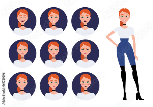 Vector illustration character of a young fashionable beautiful girl wearing a choker necklace and over the knee boots. Various faces and moods and full body set in flat style