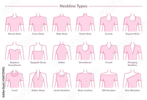 Vector illustration set of various neckline types for women's' fashion. Eighteen neck lines in pink color in flat linear style photo