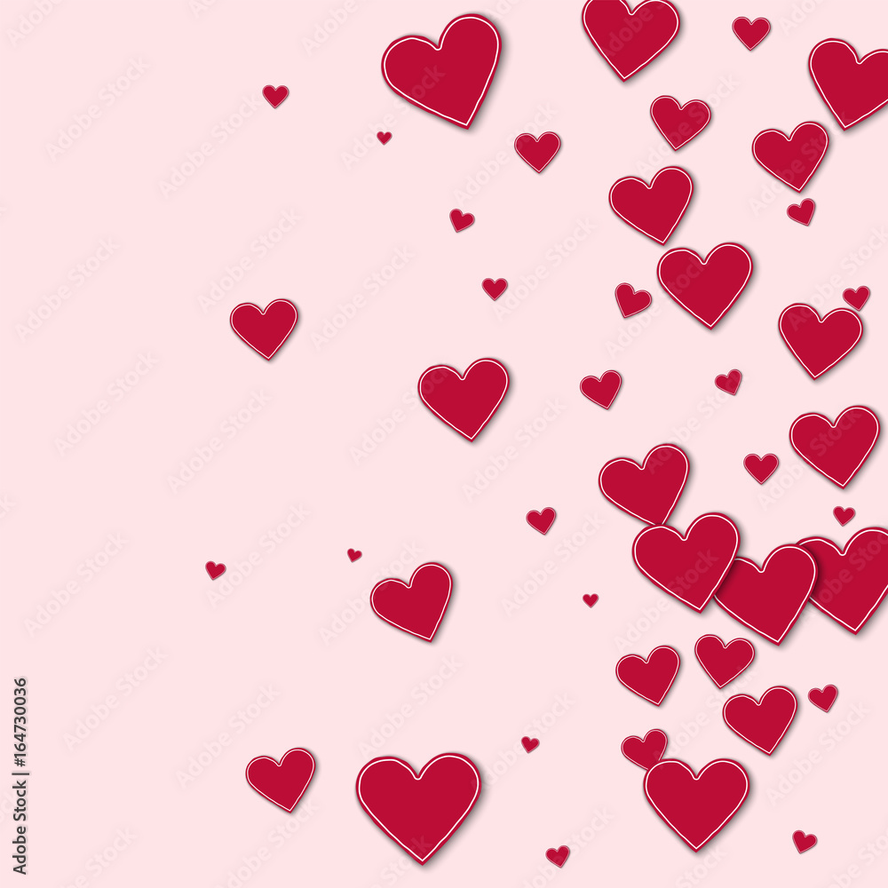 Cutout red paper hearts. Right gradient on light pink background. Vector illustration.